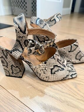 Topshop Snake-Print Block Heel Sandals in Beige and Black